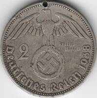 (1936) Монета Германия (Рейх) 1938 год 2 марки "Пауль Гинденбург"  Свастика Серебро Ag 900  XF