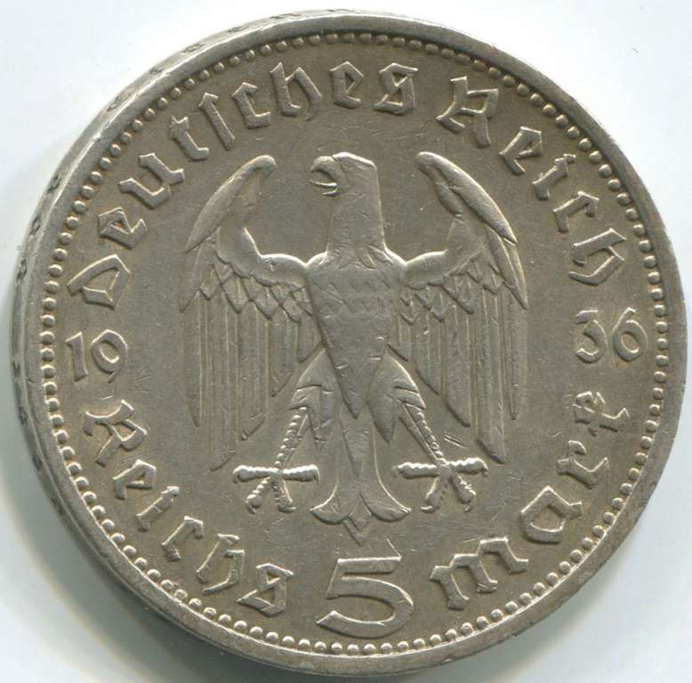 (1936d) Монета Германия (Рейх) 1936 год 5 марок &quot;Пауль Гинденбург&quot; Без свастики Серебро Ag 900  XF