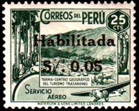 (№1949-462) Марка Перу 1949 год "Марки 1938 overprinetd в черный 5С на 25С", Гашеная