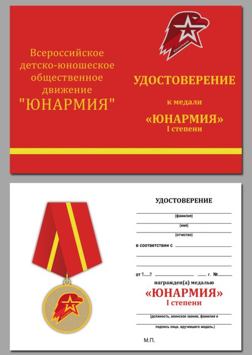 Медаль Юнармии 1 степени в подарочном футляре с удостоверением в комплекте №1854