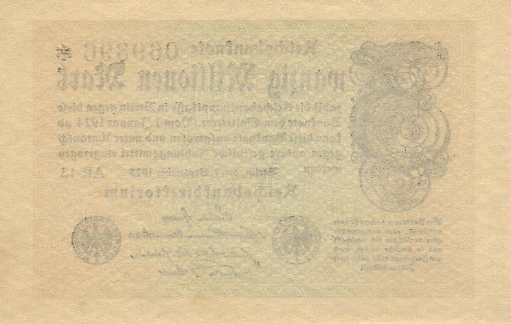 (1923) Банкнота Германия 1923 год 20 000 000 марок &quot;Вод знак Буквы S&quot; 6-й выпуск  UNC