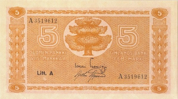 (1945 Litt A) Банкнота Финляндия 1945 год 5 марок  Tuomioja - Aspelund  UNC