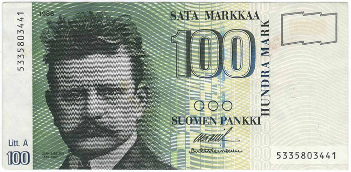 (1986 Litt A) Банкнота Финляндия 1986 год 100 марок &quot;Ян Сибелиус&quot; Ollila - Heinonen  VF