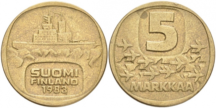 (1983) Монета Финляндия 1983 год 5 марок &quot;Ледокол Урхо&quot; Латунь  XF