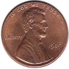 (1985) Монета США 1985 год 1 цент   150-летие Авраама Линкольна, Мемориал Линкольна Латунь  VF
