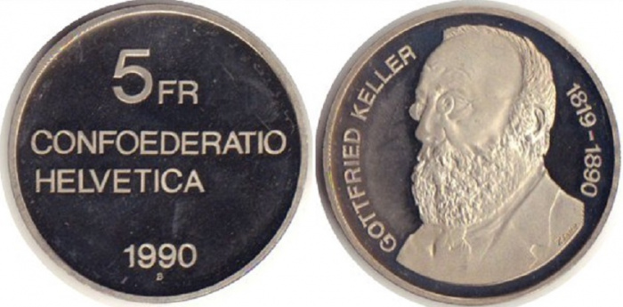 (1990) Монета Швейцария 1990 год 5 франков &quot;Готфрид Келлер&quot;  Медь-Никель  PROOF