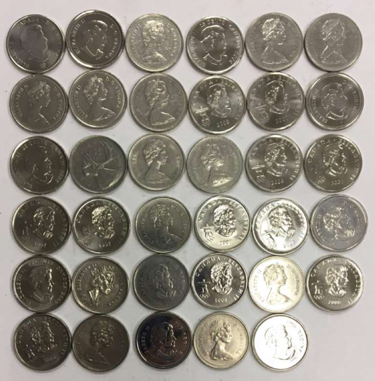 Набор монет Канада 25 центов, разные, 35 шт. (сост. на фото)
