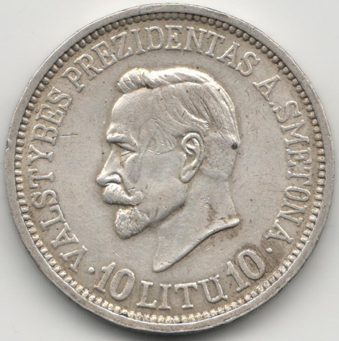 (1938) Монета Литва 1938 год 10 лит &quot;Антанас Сметона. 20 лет Республике&quot;  Серебро Ag 750  XF