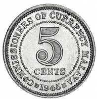 (1945) Монета Малайя 1945 год 5 центов "Георг VI"  Серебро Ag 500  UNC