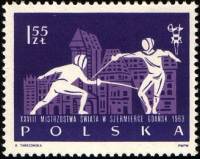 (1963-040a) Марка из блока Польша "Фехтовальщики на фоне Гданьска"   28-й Чемпионат по фехтованию в 