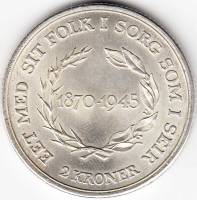 (1945) Монета Дания 1945 год 2 кроны "Кристиан X. 75 лет"  Серебро Ag 925  UNC