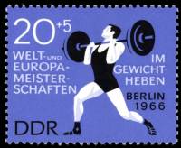 (1966-059) Марка Германия (ГДР) "Штангист"  синяя  ЧЕ по тяжелой атлетике II Θ