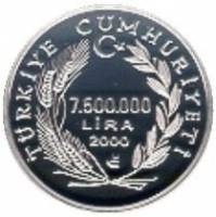 () Монета Турция 2000 год 7500000  ""   Биметалл (Серебро - Ниобиум)  AU