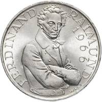 (1966) Монета Австрия 1966 год 25 шиллингов "Фердинанд Раймунд"  Серебро Ag 800  UNC
