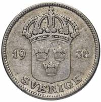 (1938) Монета Швеция 1938 год 50 эре   Серебро Ag 600  VF