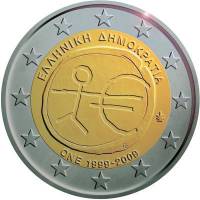 (003) Монета Греция 2009 год 2 евро "Экономический союз 10 лет"  Биметалл  UNC