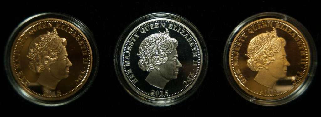 (2015, 3 монеты по 5 фунтов) Набор монет Тристан да Кунья 2015 год &quot;70 лет Победы&quot;  PROOF