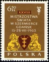 (1963-041) Марка Польша "Герб Гданьска"   28-й Чемпионат по фехтованию в Гданьске III Θ