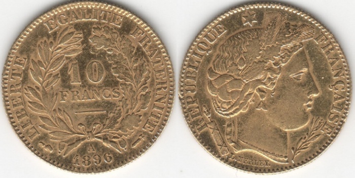 (1896A) Монета Франция 1896 год 10 франков &quot;Марианна&quot;  Золото Au 900  XF