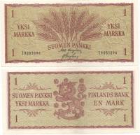 Банкнота Финляндия 1963 год 1 марка Колосья Karjalainen - Engberg  XF