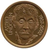 (2002) Монета Швеция 2002 год 50 крон "Астрид Линдгрен"  Северное золото  UNC