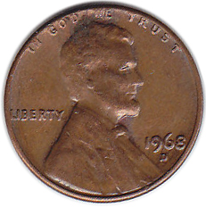 (1968d) Монета США 1968 год 1 цент   150-летие Авраама Линкольна, Мемориал Линкольна Латунь  VF