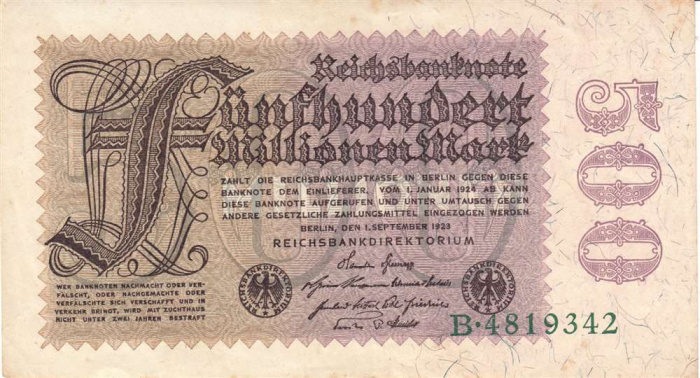 (1923) Банкнота Германия 1923 год 500 000 000 марок &quot;Вод знак Узор сбоку&quot; 6-й выпуск  UNC