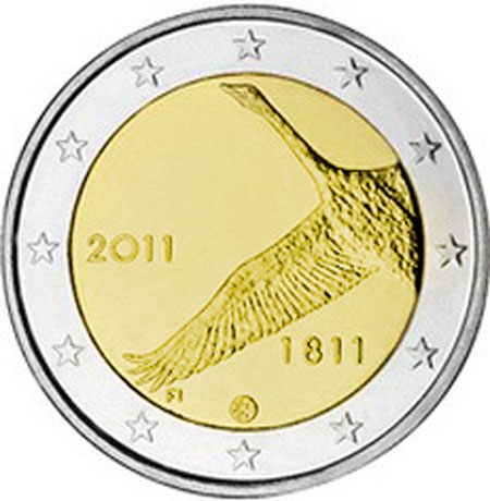 010 Монета Финляндия 2011 год 2 евро Национальный банк 200 лет  Биметалл  VF