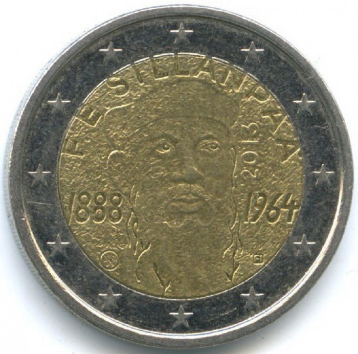 (014) Монета Финляндия 2013 год 2 евро &quot;Франс Эмиль Силланпяя&quot;  Биметалл  XF
