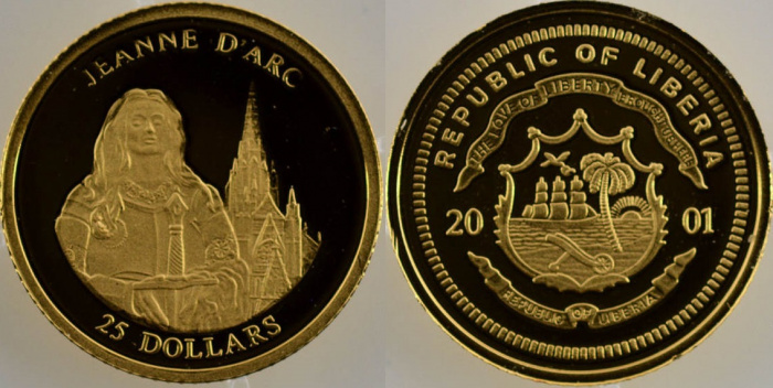 (2001) Монета Либерия 2001 год 25 долларов &quot;Жанна д’Арк&quot;  Золото Au 999  PROOF