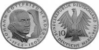 (1994g) Монета Германия (ФРГ) 1994 год 10 марок "Иоганн Готфрид Гердер"  Серебро Ag 625  PROOF