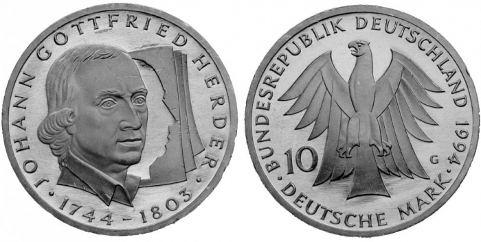 (1994g) Монета Германия (ФРГ) 1994 год 10 марок &quot;Иоганн Готфрид Гердер&quot;  Серебро Ag 625  PROOF
