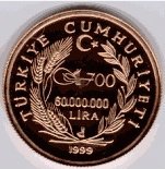 () Монета Турция 1999 год 60000000  ""   Биметалл (Платина - Золото)  UNC