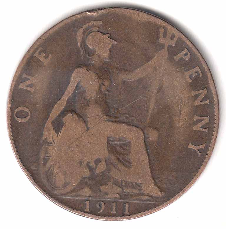 (1911) Монета Великобритания 1911 год 1 пенни &quot;Георг V&quot;  Бронза  VF