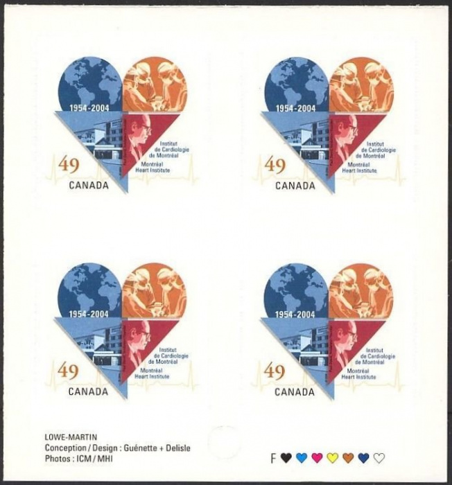 Лист марок Канада 2004 год &quot;Montreacuteal Институт сердца 19542004 Павел основатель Дэвид&quot;, Гашеный