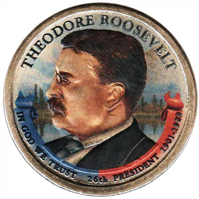 (26p) Монета США 2013 год 1 доллар &quot;Теодор Рузвельт&quot;  Вариант №2 Латунь  COLOR. Цветная