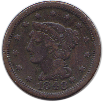 (1848) Монета США 1848 год 1 цент  3. Украшенная голова Медь  XF