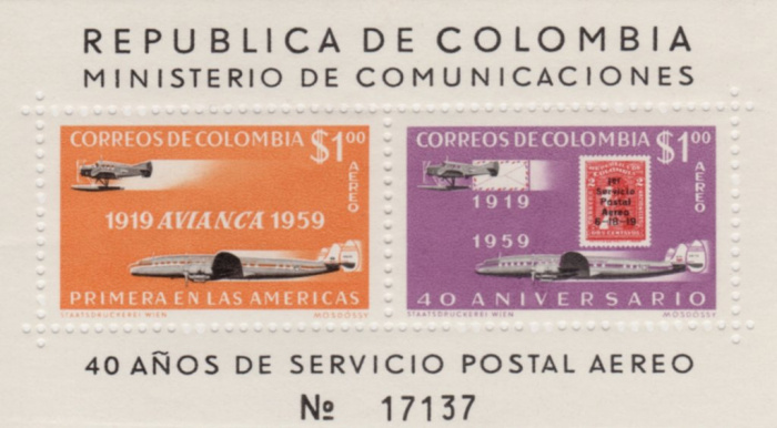 (№1959-16) Блок марок Колумбия 1959 год &quot;Штамп 1919 года и самолеты&quot;, Гашеный
