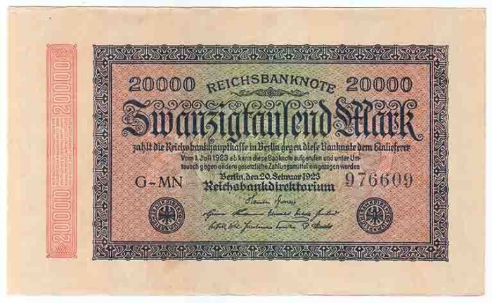 1923 Банкнота Германия 1923 год 20 000 марок Вод знак Скрепки 2-й выпуск  XF