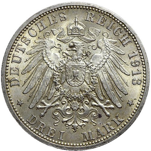 (1913A) Монета Германия 1913 год 3 марки &quot;Вильгельм II 25 лет коронации&quot;  Серебро Ag 900  UNC