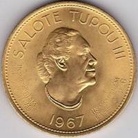 (1937) Монета Тонга 1967 год 50 сенити "Салоте Тупоу III"  Надчекан Позолота  UNC