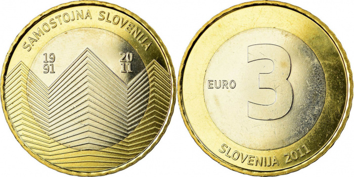 (2011) Монета Словения 2011 год 3 евро &quot;Независимость 20 лет&quot;  Биметалл  UNC