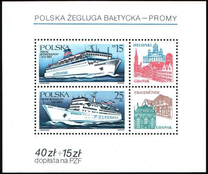 (1986-022) Блок Польша "Морские паромы 'Померания' и 'Рогалин'"    Польское Балтийское судоходство I