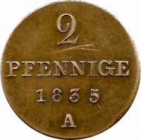 (№1835km167.1) Монета Германия (Германская Империя) 1835 год 2 Pfennig
