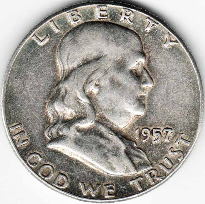 1957 Монета США 50 центов Бенджамин Франклин Серебро Ag 900  XF