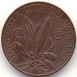 (№1929km1) Монета Ватикан 1929 год 5 Centesimi