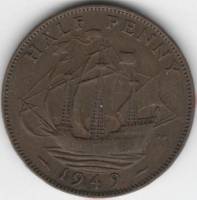 (1949) Монета Великобритания 1949 год 1/2 пенни "Галеон Золотая лань"  Медь  XF