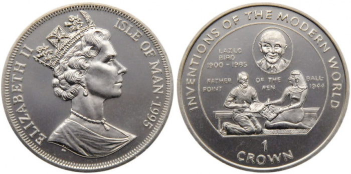 (1995) Монета Остров Мэн 1995 год 1 крона &quot;Ласло Биро Шариковая ручка&quot;  Серебро Ag 925  PROOF