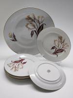 Блюдо и 6 тарелок десертных ГДР Freibergen porzellan бардовый золотой тюльпан