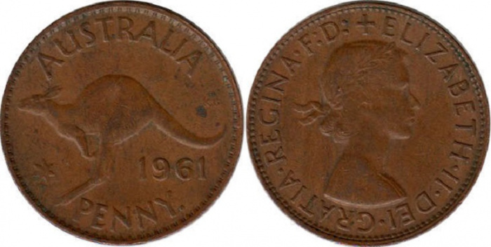 (1961) Монета Австралия 1961 год 1 пенни &quot;Кенгуру&quot;  Бронза  VF